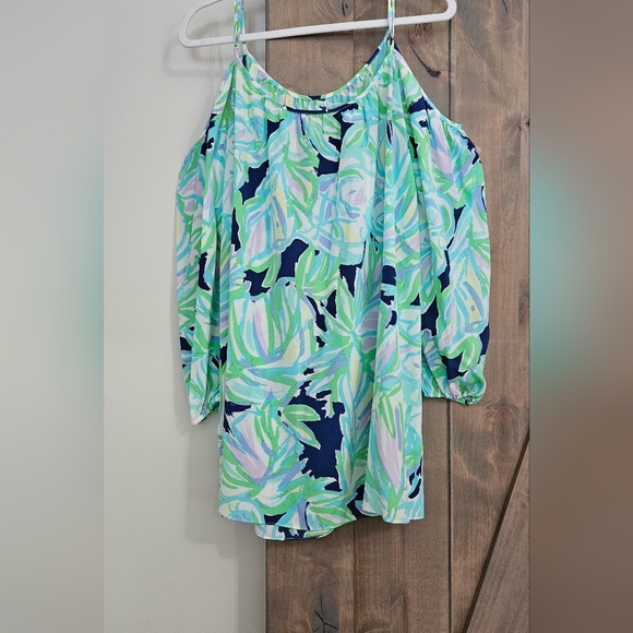 Lilly Pulitzer Candice Open Shoulder Dress In Resort Navy Uptown Trunk.Size med - Picture 6 of 8